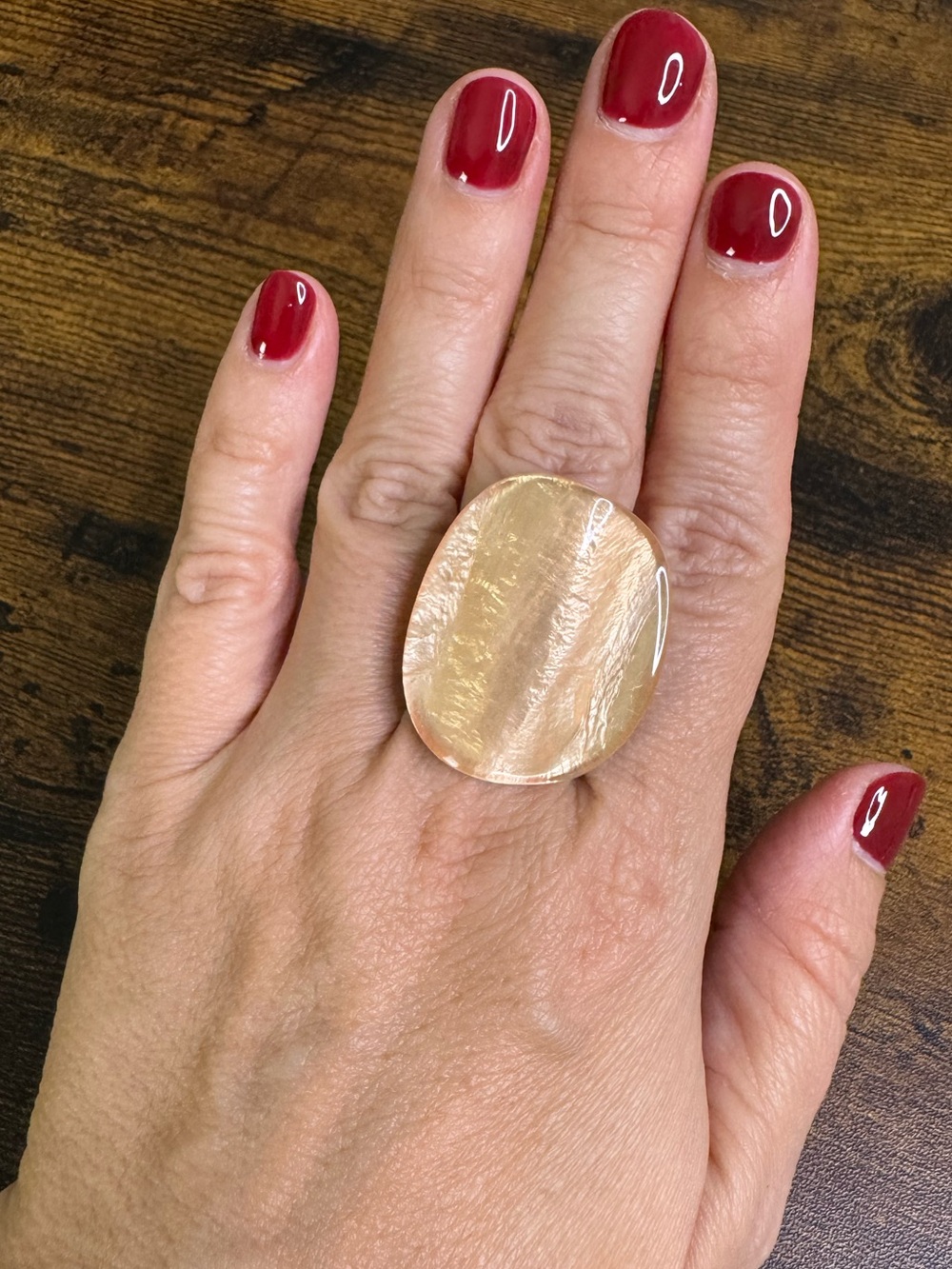 Golden Yellow Resin Oval Textured Statement Ring - Women Costume Jewelry size 8